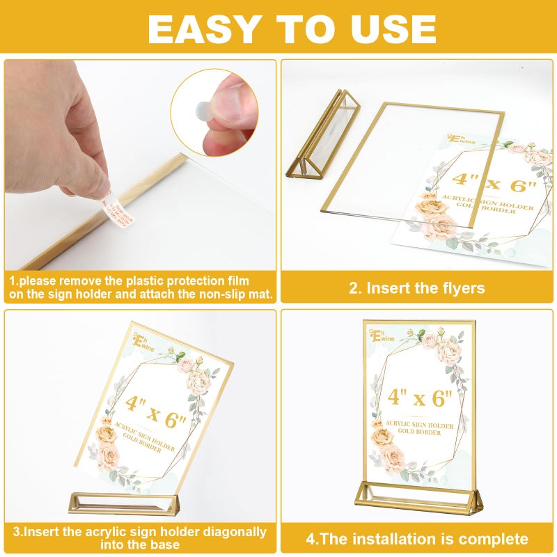 EHWINE 24 Pack Acrylic Sign Holder 5 x 7, Double Sided Gold Picture Frame Stand up Table Top Sign Holders, Clear Display Stand Menu Flyer Holder for Wedding Party - Image 5